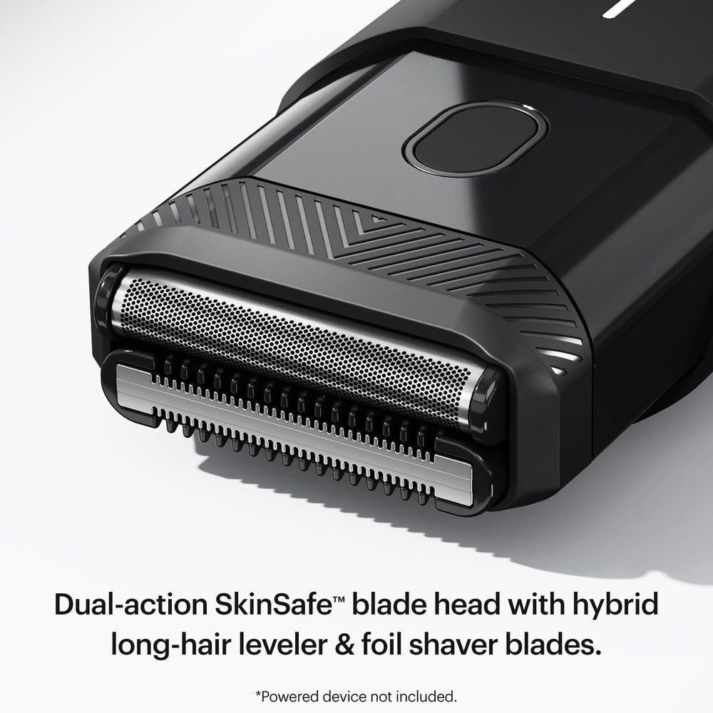 MANSCAPED side profile of blade head highlighting stainless steel finish, durability benefit