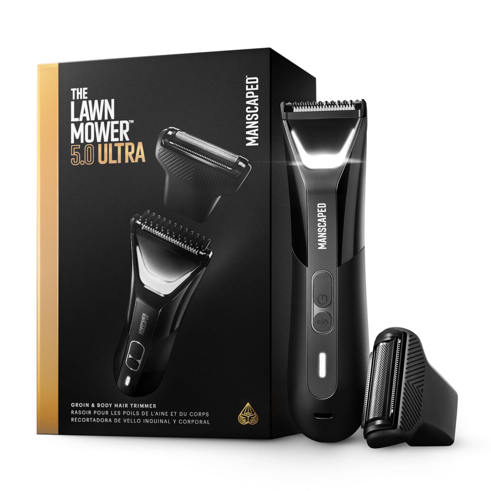 MANSCAPED front view of trimmer showing sleek profile and control buttons, improved grip