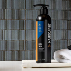 MANSCAPED bottle in shower scene demonstrating easy use and invigorating clean feeling