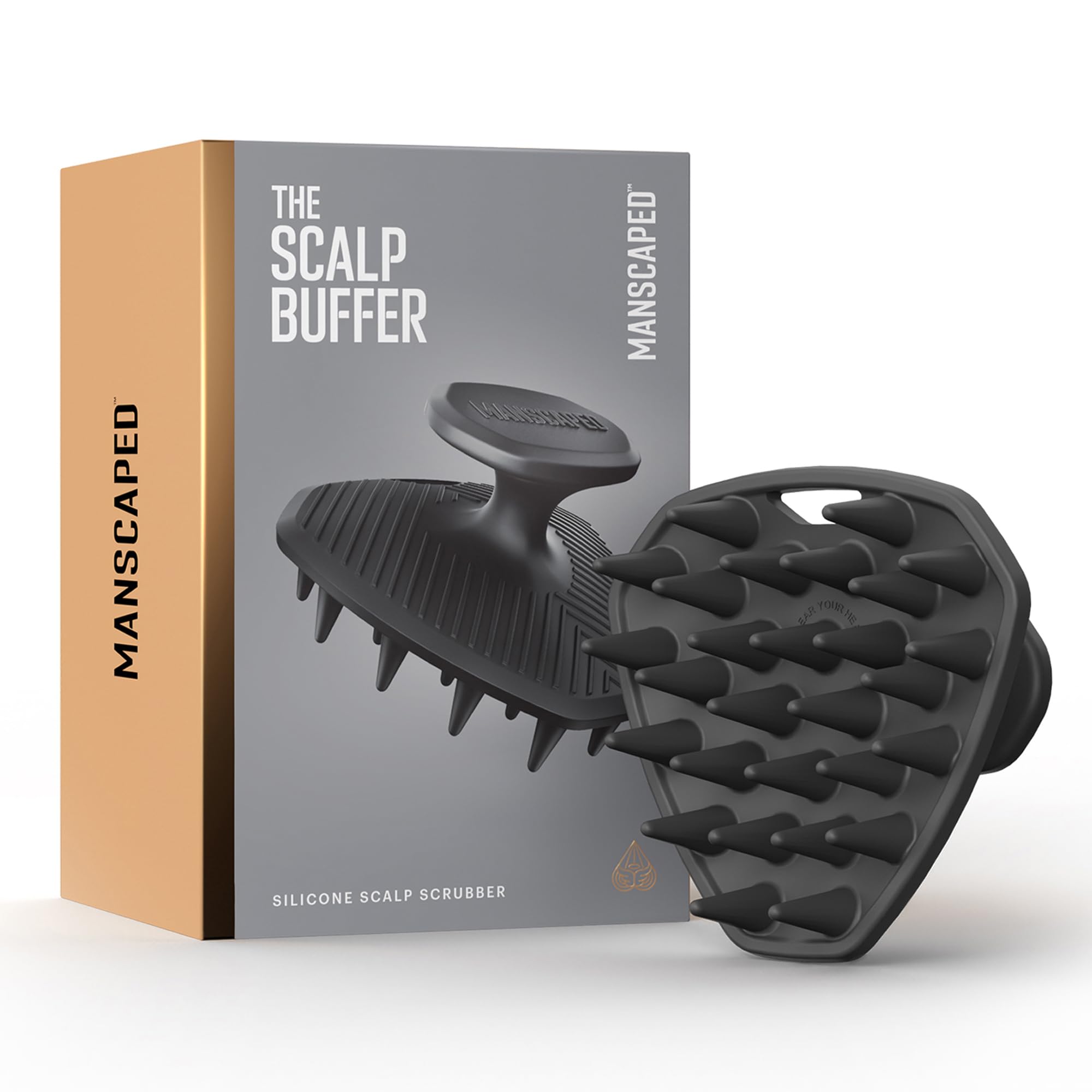 MANSCAPED Scalp Buffer front view showing compact design and easy grip benefit