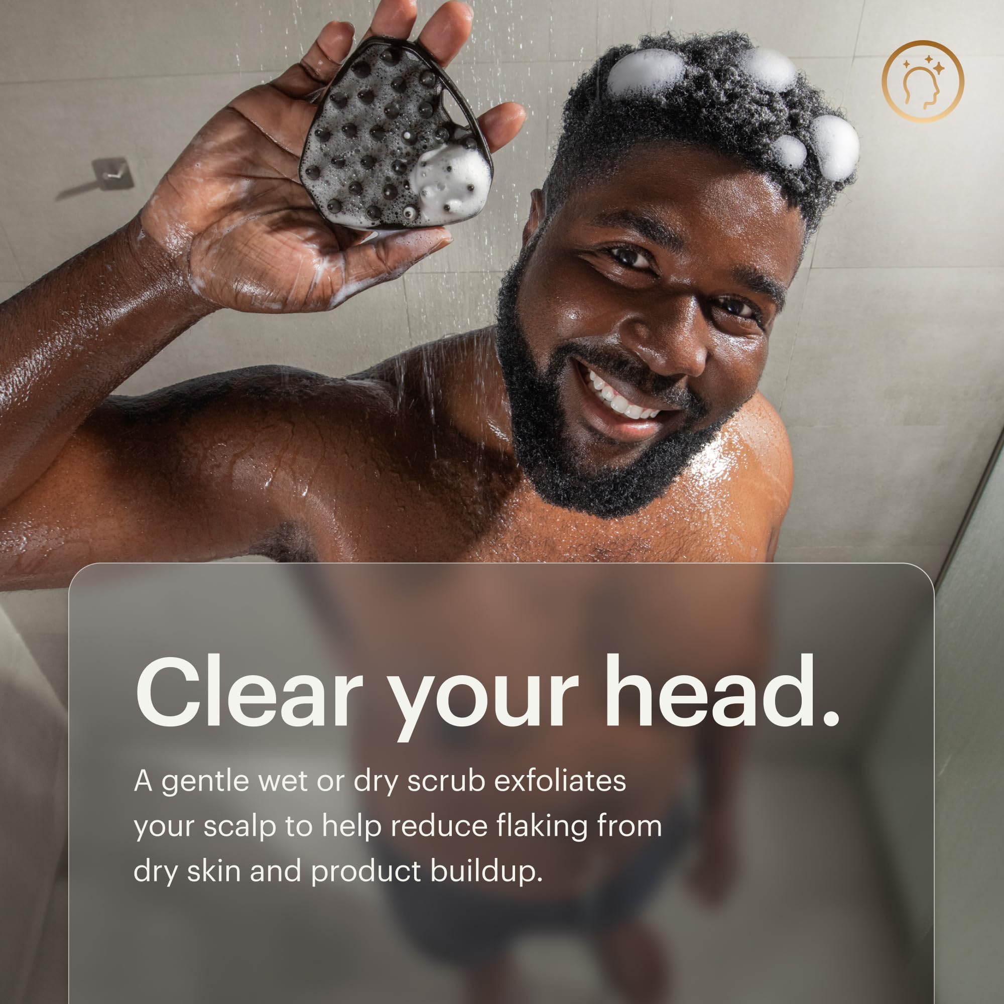 MANSCAPED Scalp Buffer hanging on hook demonstrating quick-dry storage benefit