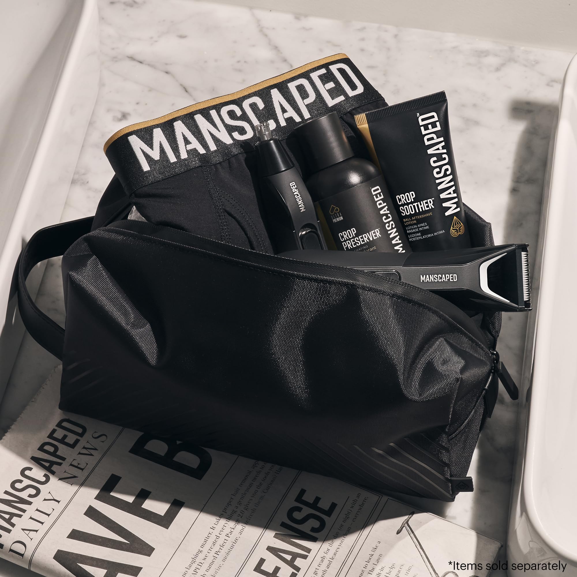 MANSCAPED size comparison beside toiletries shows compact fit for luggage benefit