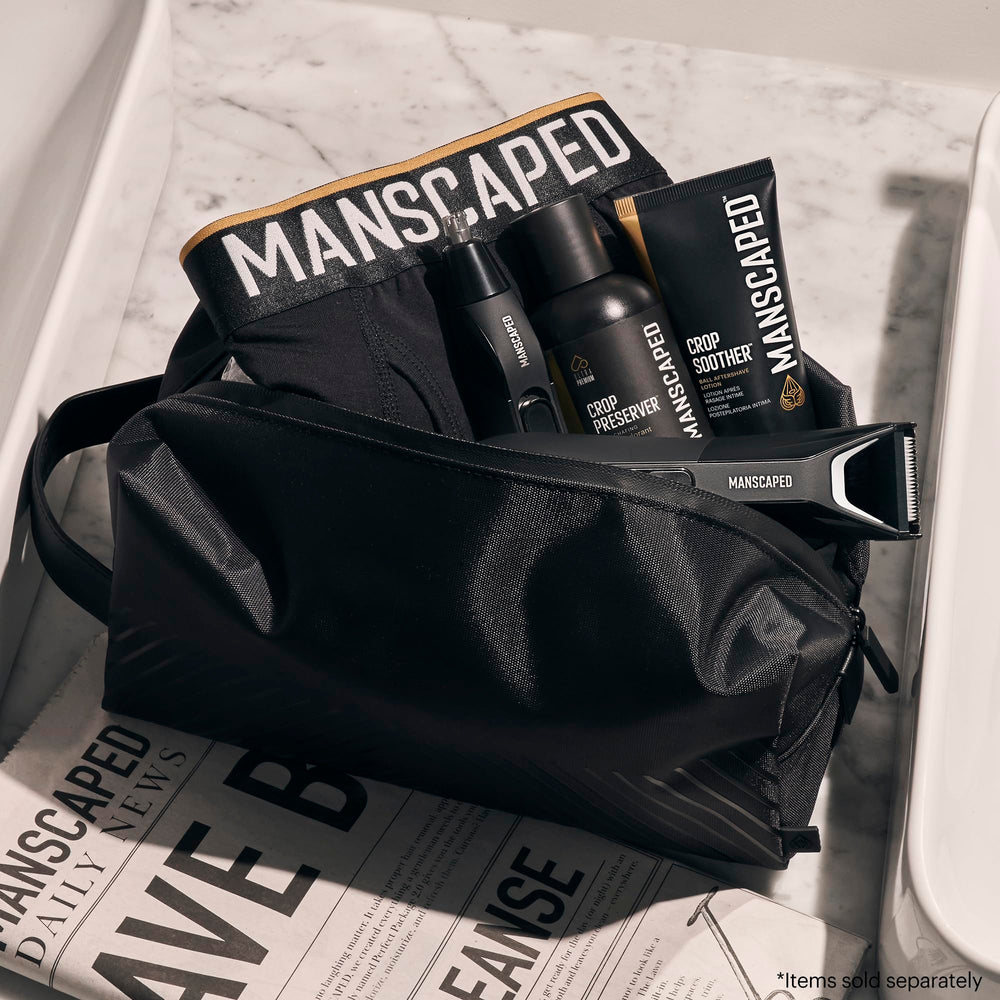 MANSCAPED size comparison beside toiletries shows compact fit for luggage benefit