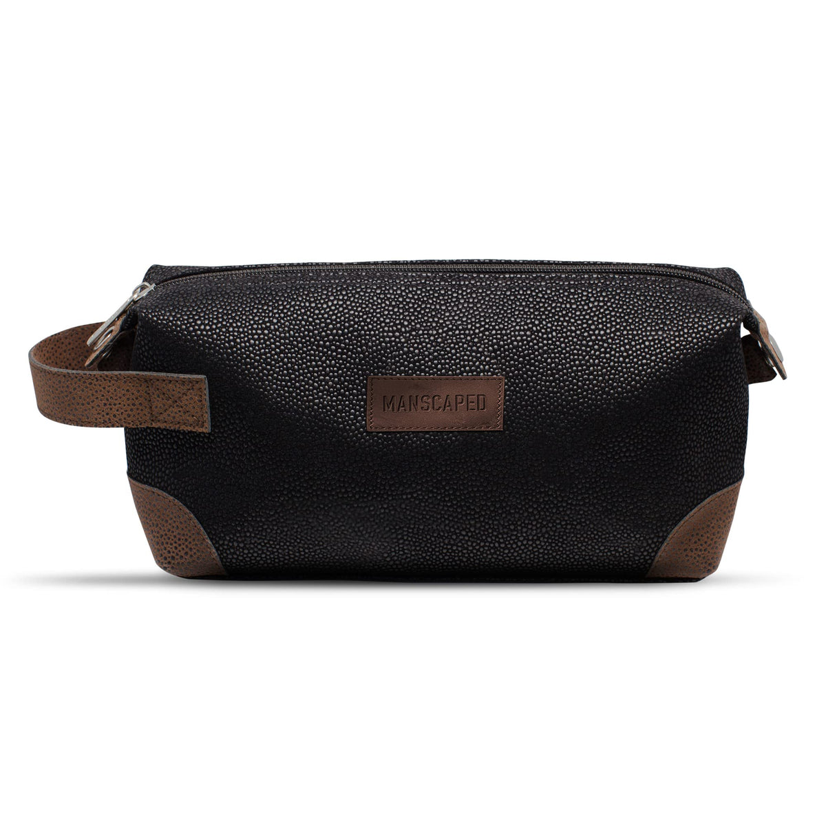 MANSCAPED toiletry bag front view showing sleek PU leather and zipper — keeps gear organized
