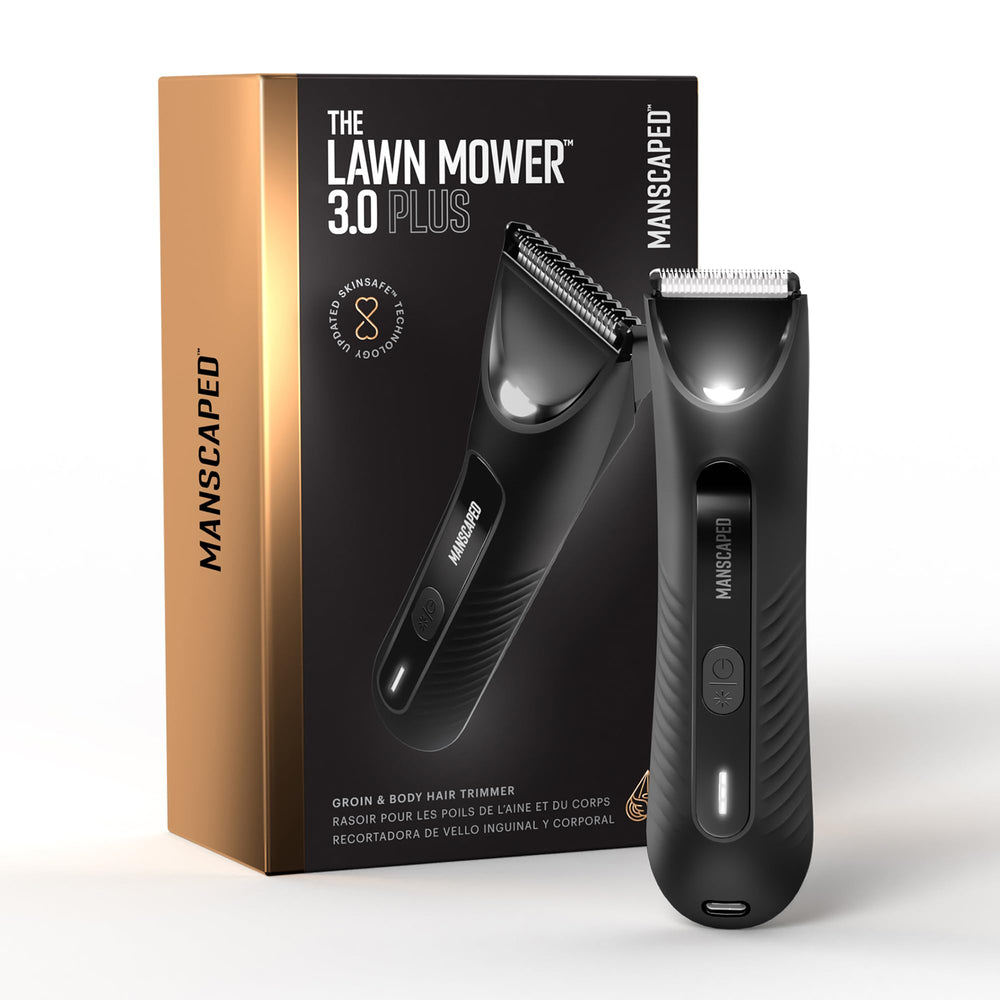 MANSCAPED trimmer with length guide showing 2–12 mm comb options benefit