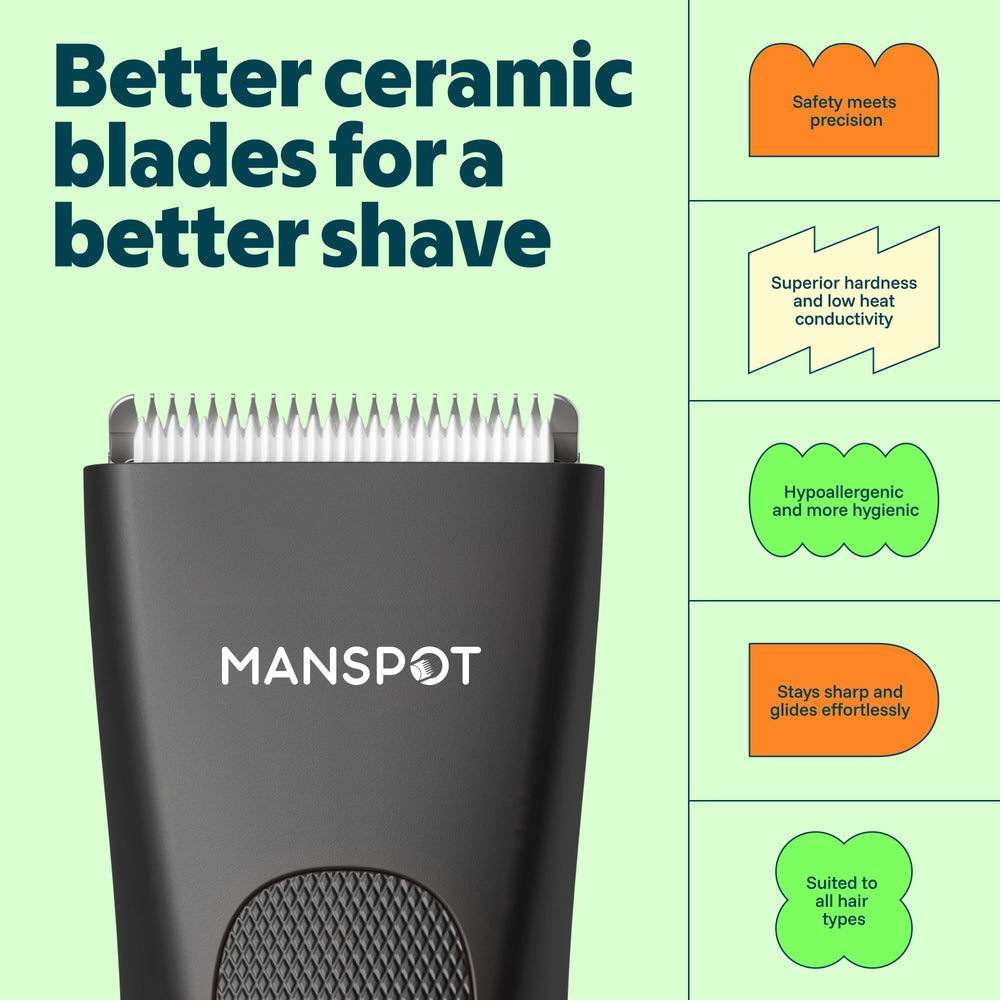 MANSPOT rounded-tip guard detail protecting skin and reducing nicks