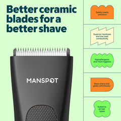 MANSPOT rounded-tip guard detail protecting skin and reducing nicks