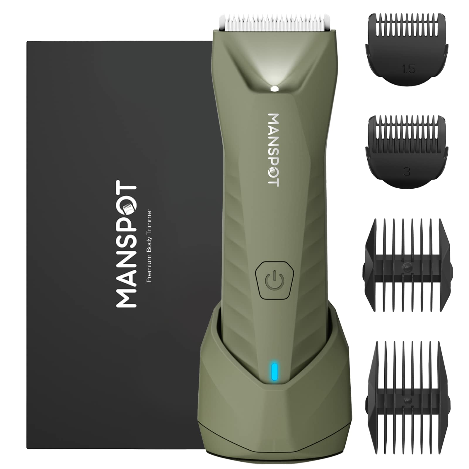 MANSPOT front view showing trimmer and packaging, highlights portability and features