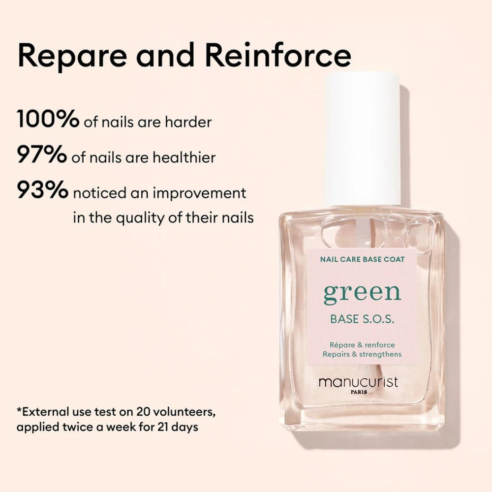 Manucurist S.O.S Base Coat brush applying a strengthening layer for brittle nails