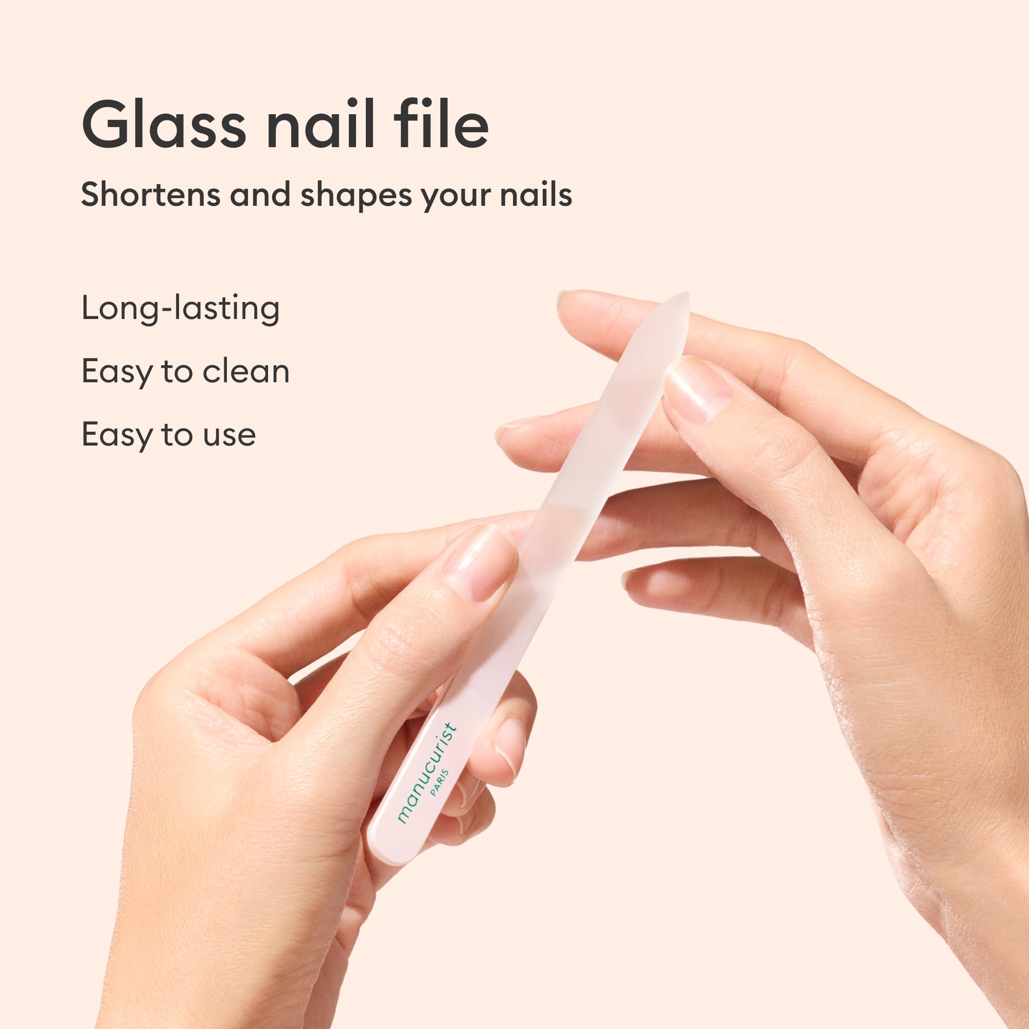 Manucurist glass cuticle pusher detail of beveled and pointed tips for gentle cuticle care benefit