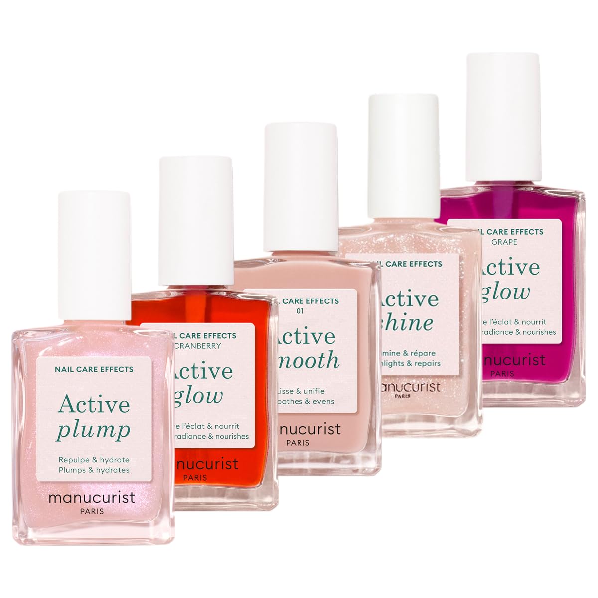Manucurist front packaging of rainbow Active set showing five bottles and benefits