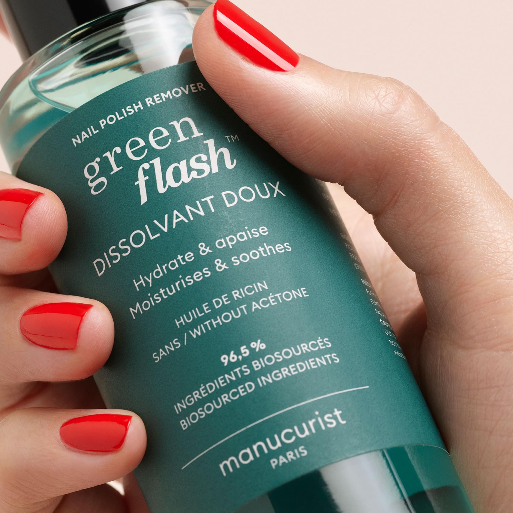 Manucurist Green Flash remover applied on cotton pad for quick gel removal benefit