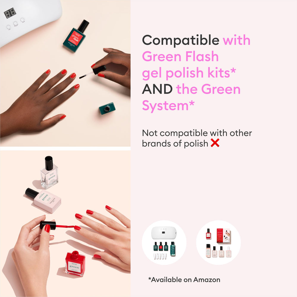 Manucurist Green Flash remover on vanity near plants implying gentle, eco-friendly benefit