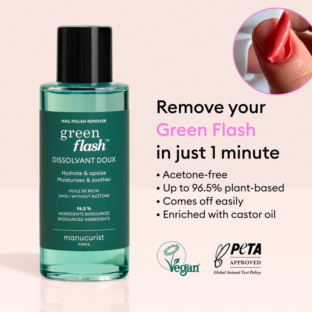 Manucurist Green Flash remover liquid close-up texture highlighting plant-based formula