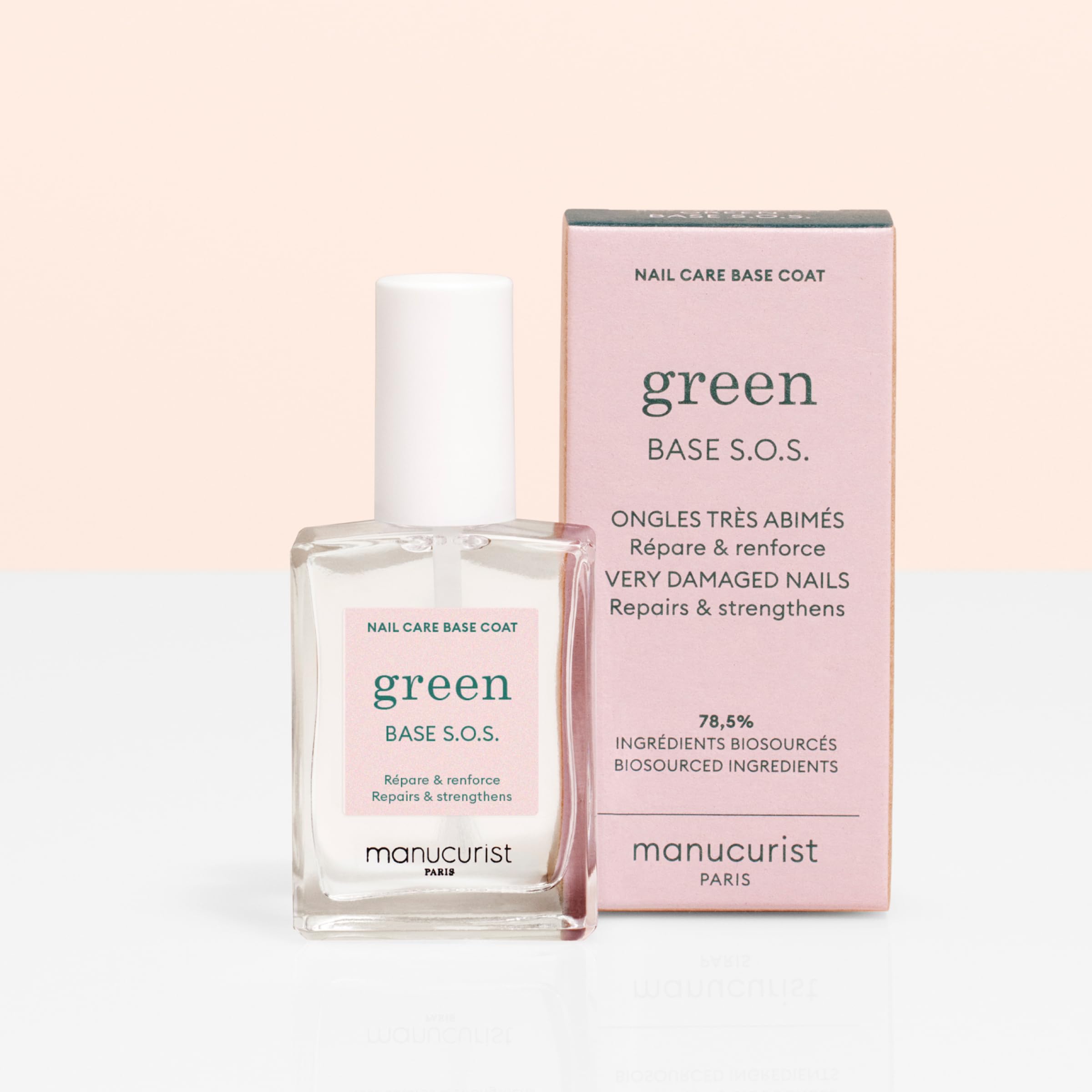 Manucurist S.O.S. Base Coat on a vanity to show plant-based, eco-friendly routine