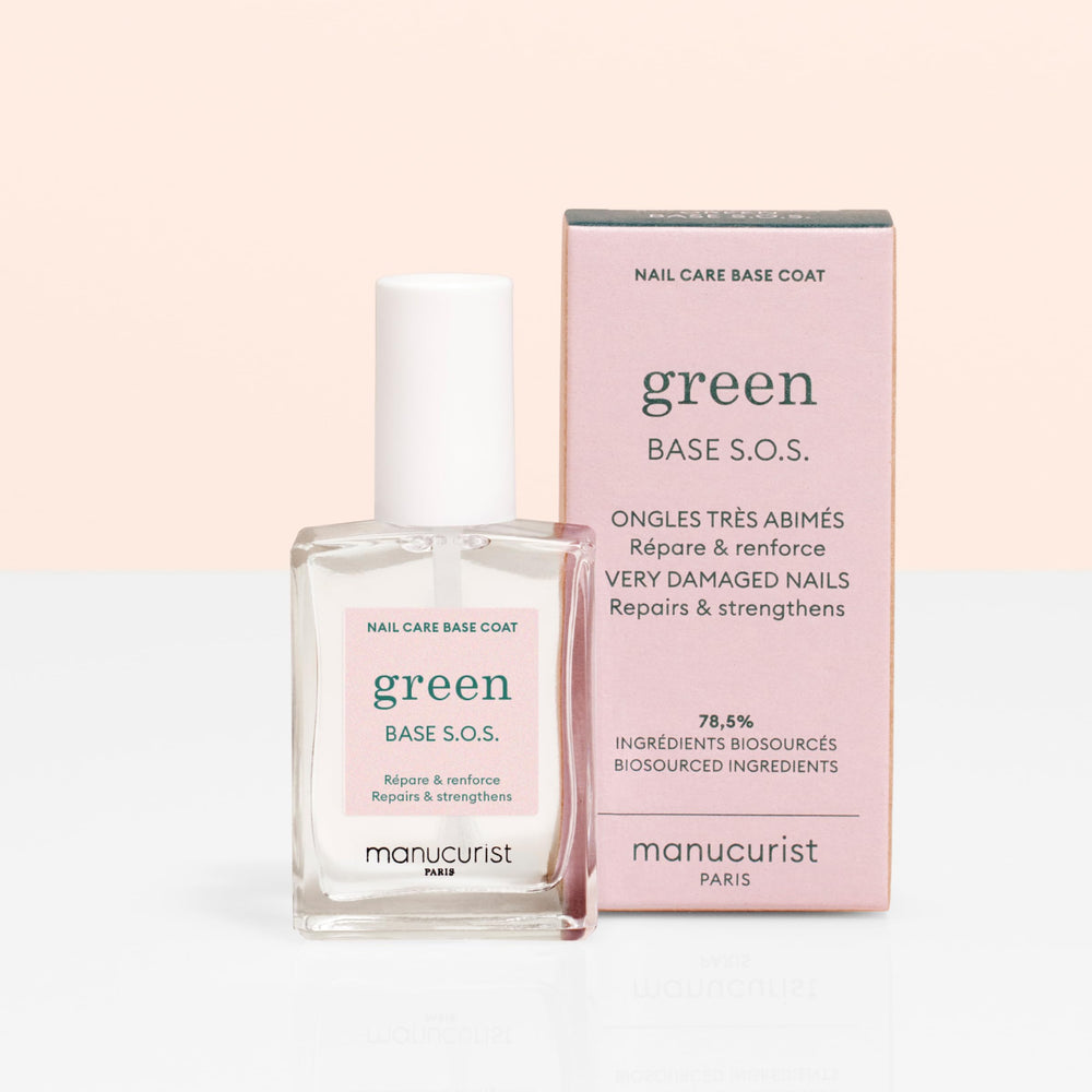 Manucurist S.O.S. Base Coat on a vanity to show plant-based, eco-friendly routine