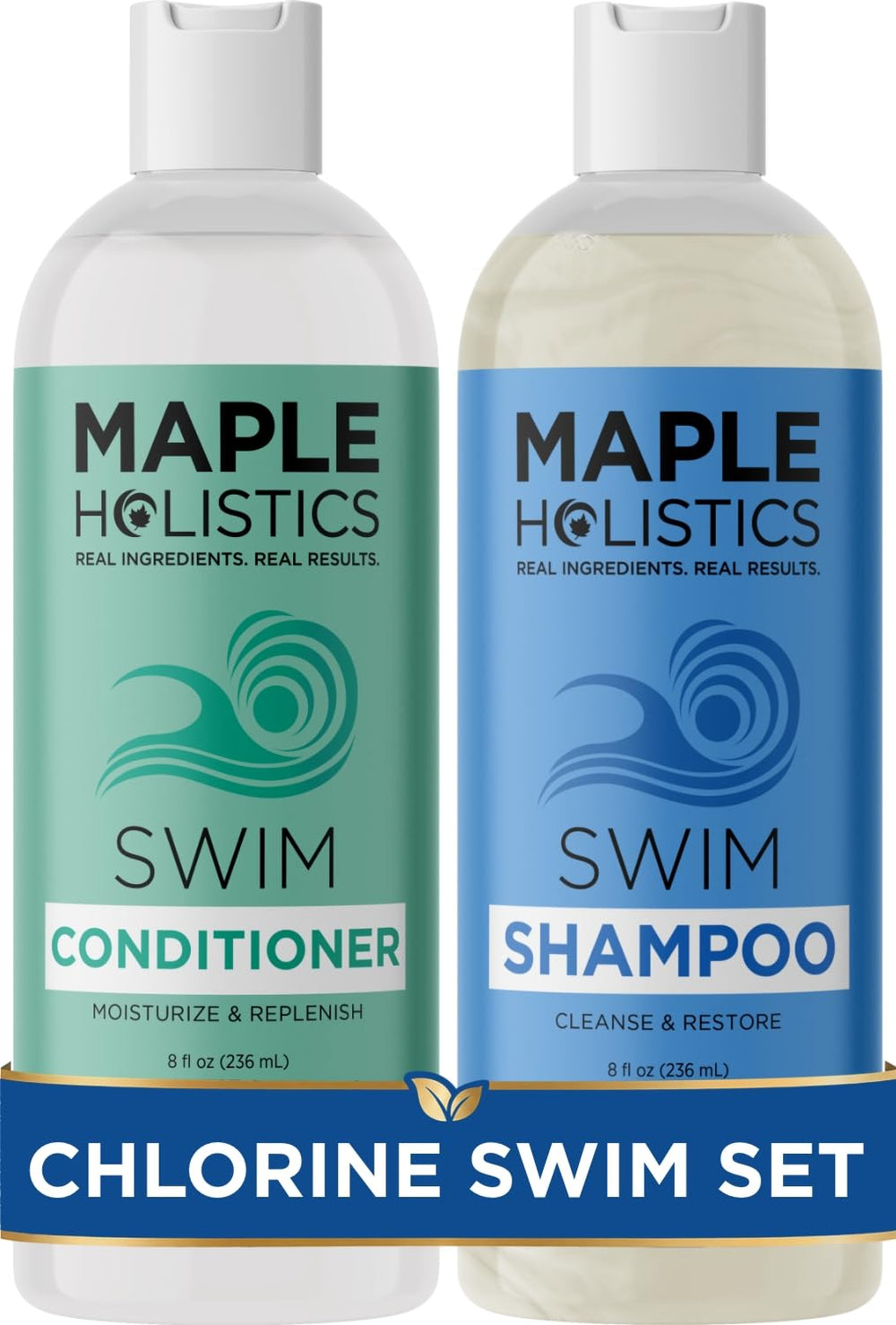Maple Holistics front packaging showing clarifying swim shampoo and conditioner benefit