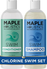 Maple Holistics front packaging showing clarifying swim shampoo and conditioner benefit