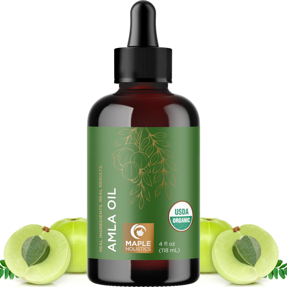 Maple Holistics amla oil front bottle showing organic label and benefits