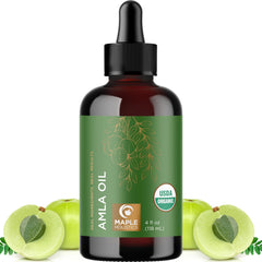Maple Holistics amla oil front bottle showing organic label and benefits
