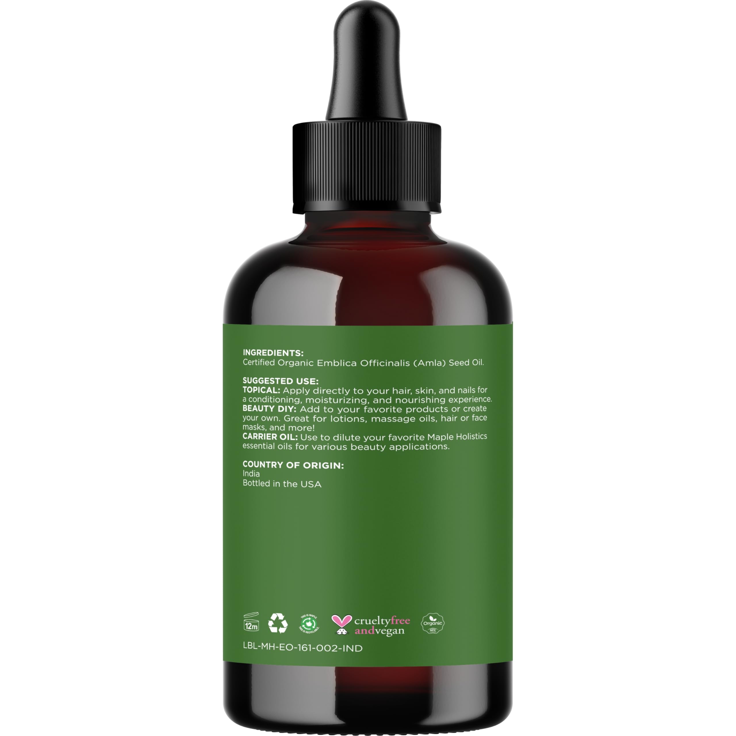Maple Holistics amla oil label close-up showing USDA organic certification