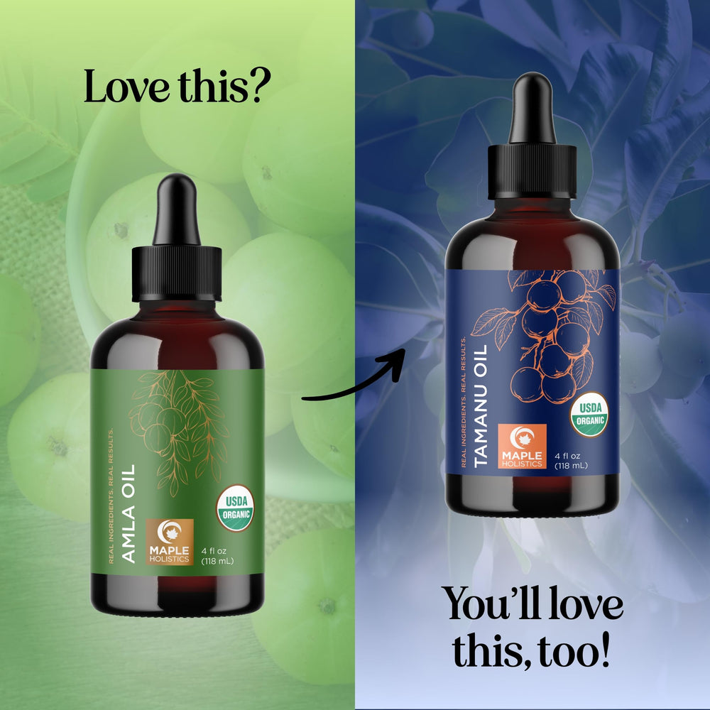 Maple Holistics amla oil 4 fl oz shown next to measuring scale for size