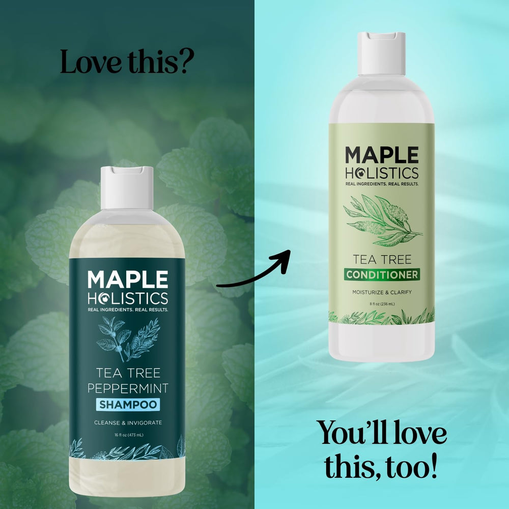 Maple Holistics before and after scalp illustration showing reduced visible buildup