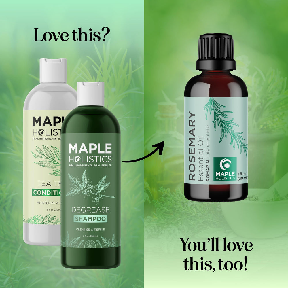 Maple Holistics tea tree and rosemary botanicals arranged to show soothing benefits