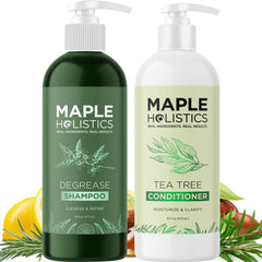 Maple Holistics front packaging showing both 16 fl oz shampoo and conditioner and set benefit