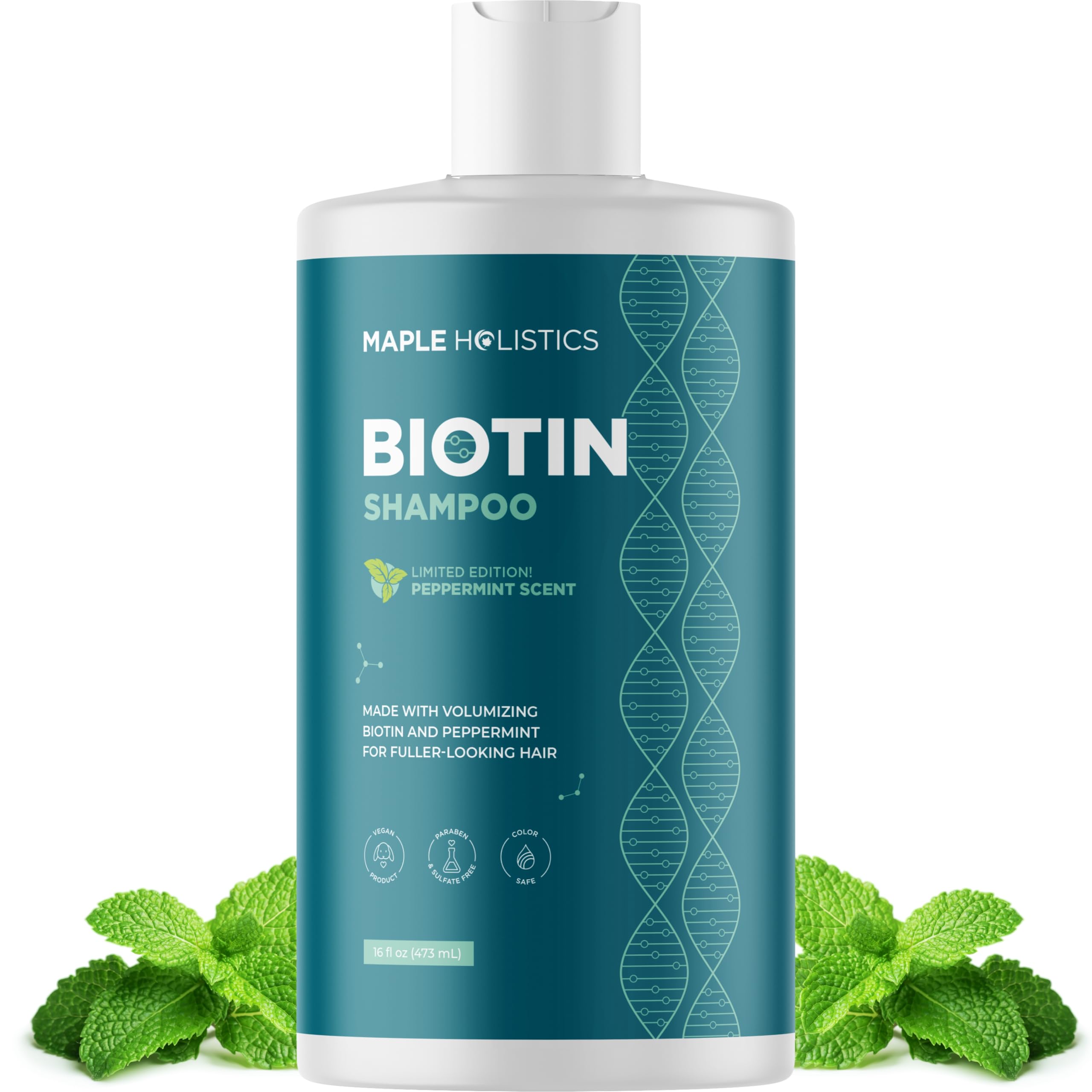 Maple Holistics front bottle showing volumizing biotin benefits