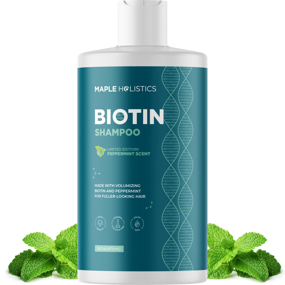 Maple Holistics front bottle showing volumizing biotin benefits