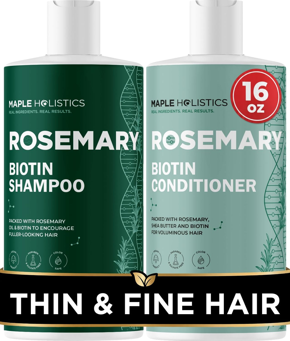 Maple Holistics front packaging showing volumizing shampoo and conditioner benefits