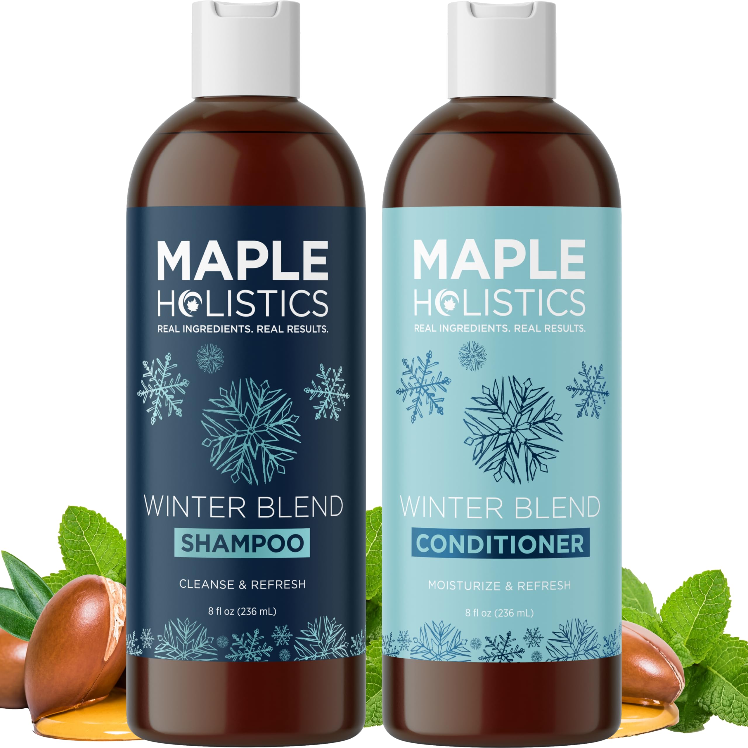 Maple Holistics front packaging showing the hard water shampoo and conditioner, clarifying benefits
