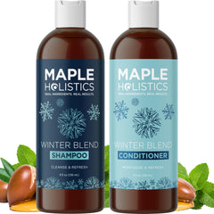 Maple Holistics front packaging showing the hard water shampoo and conditioner, clarifying benefits