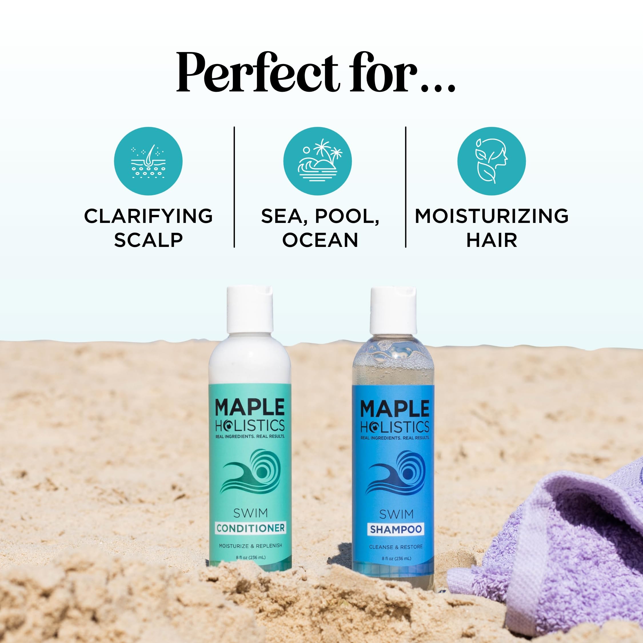 Maple Holistics tea tree and rosemary oils display showing botanical replenishing benefit
