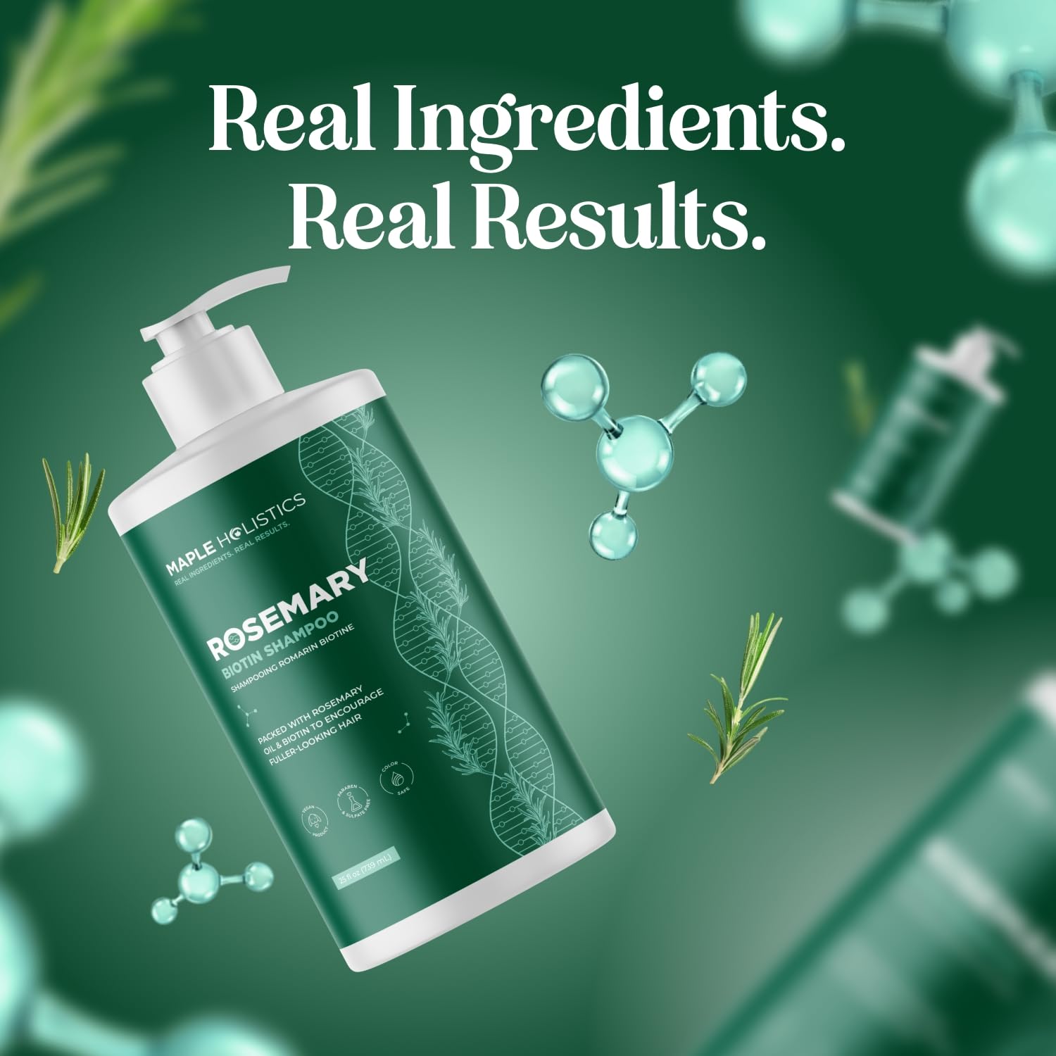 Maple Holistics product staged with fresh rosemary and botanical herbs