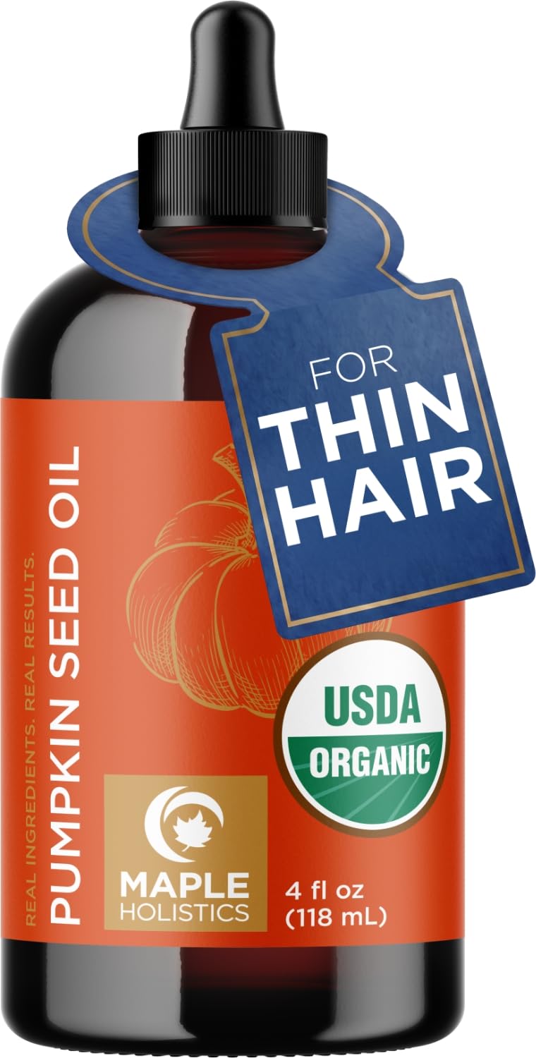 Maple Holistics bottle front view showing organic pumpkin seed oil benefit hydration