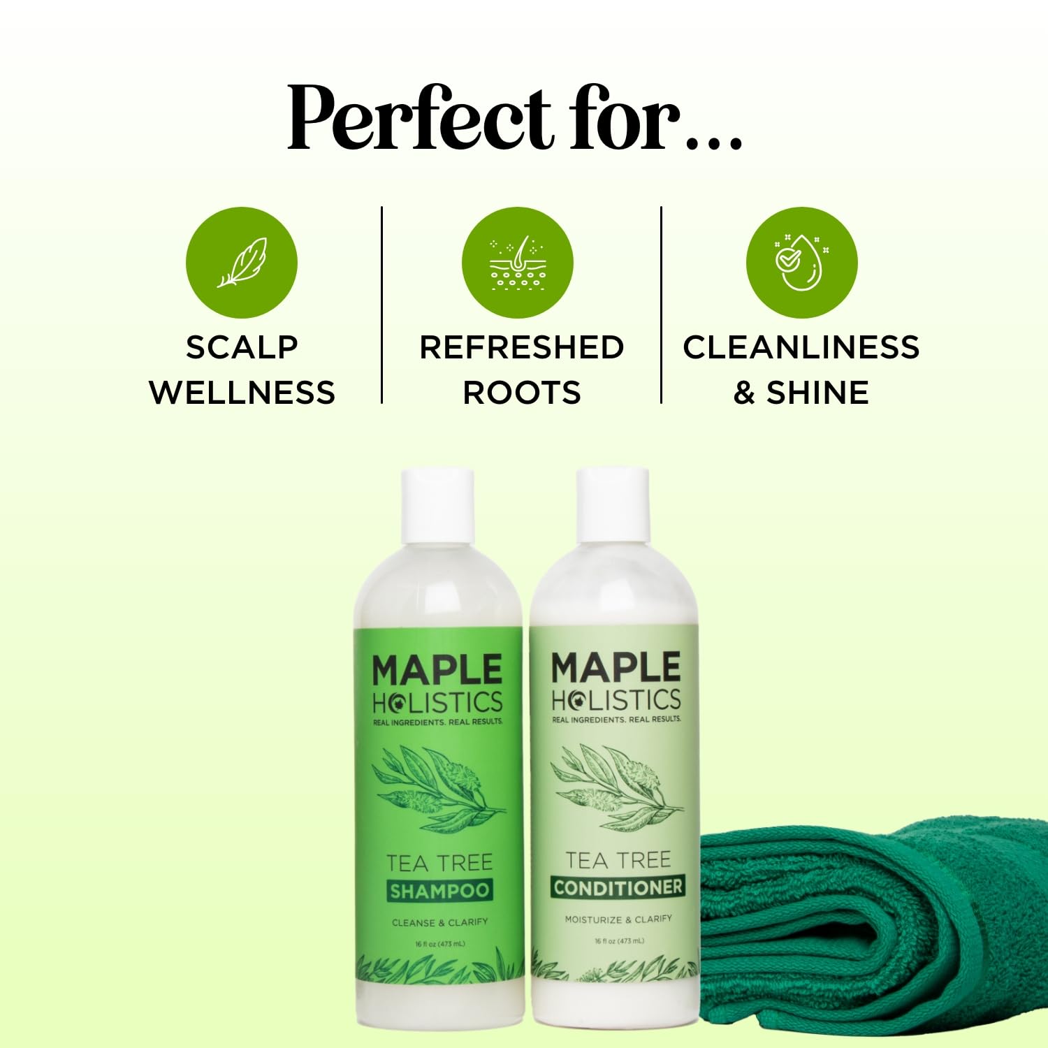 Maple Holistics bottle label detail highlighting tea tree oil and natural ingredients