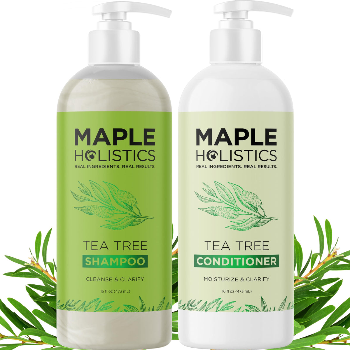 Maple Holistics front bottles showing clear clarifying set benefit