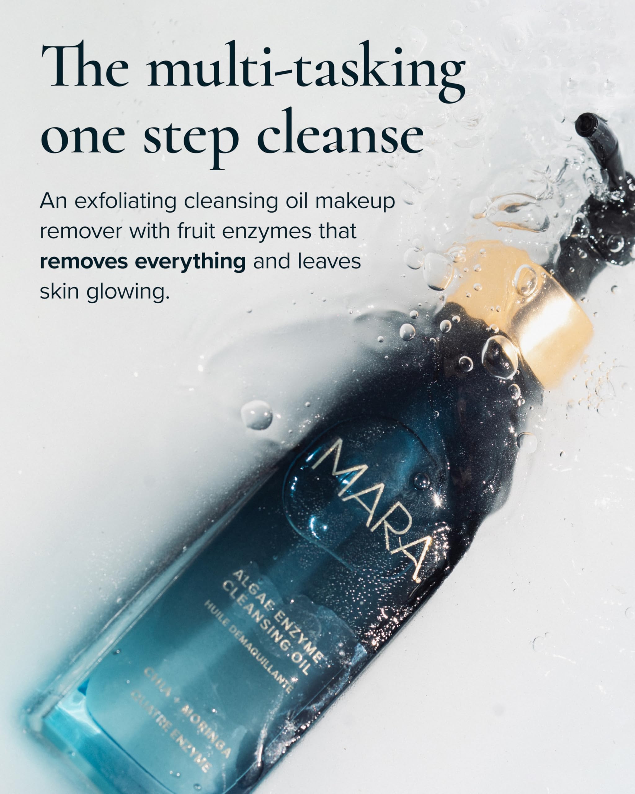 MARA cleansing oil being dispensed from pump for easy dosing