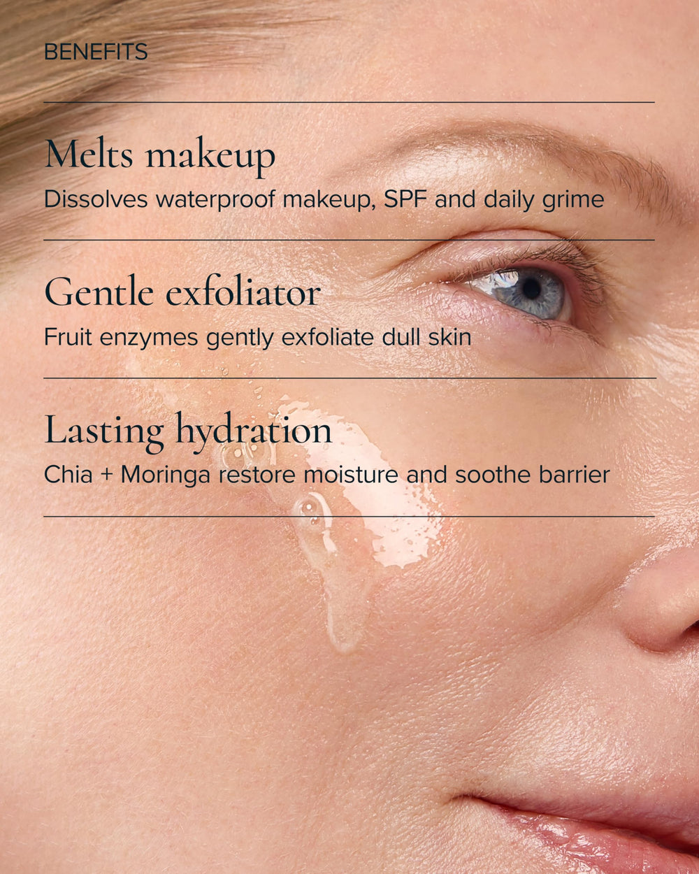 Close-up oil droplet texture of MARA cleanser showing smooth glide