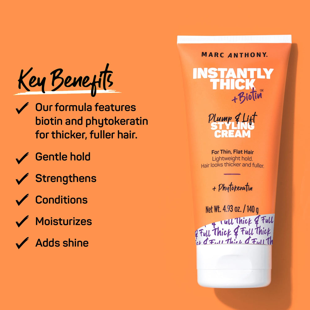 Marc Anthony styling cream in use during a blowout to create fuller, bouncy hair
