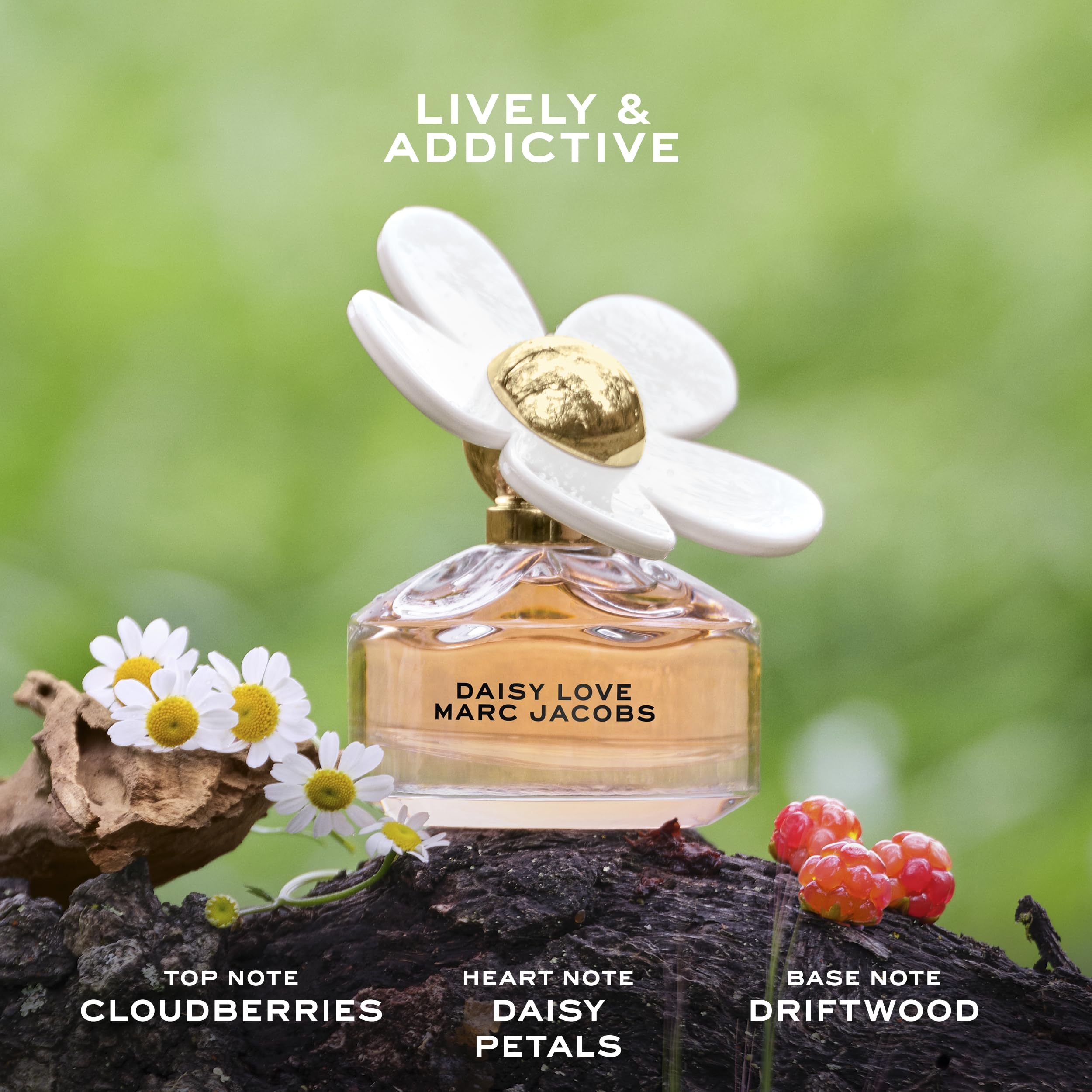 Marc Jacobs Daisy Wild bottle with wildflowers evoking fresh outdoorsy floral energy