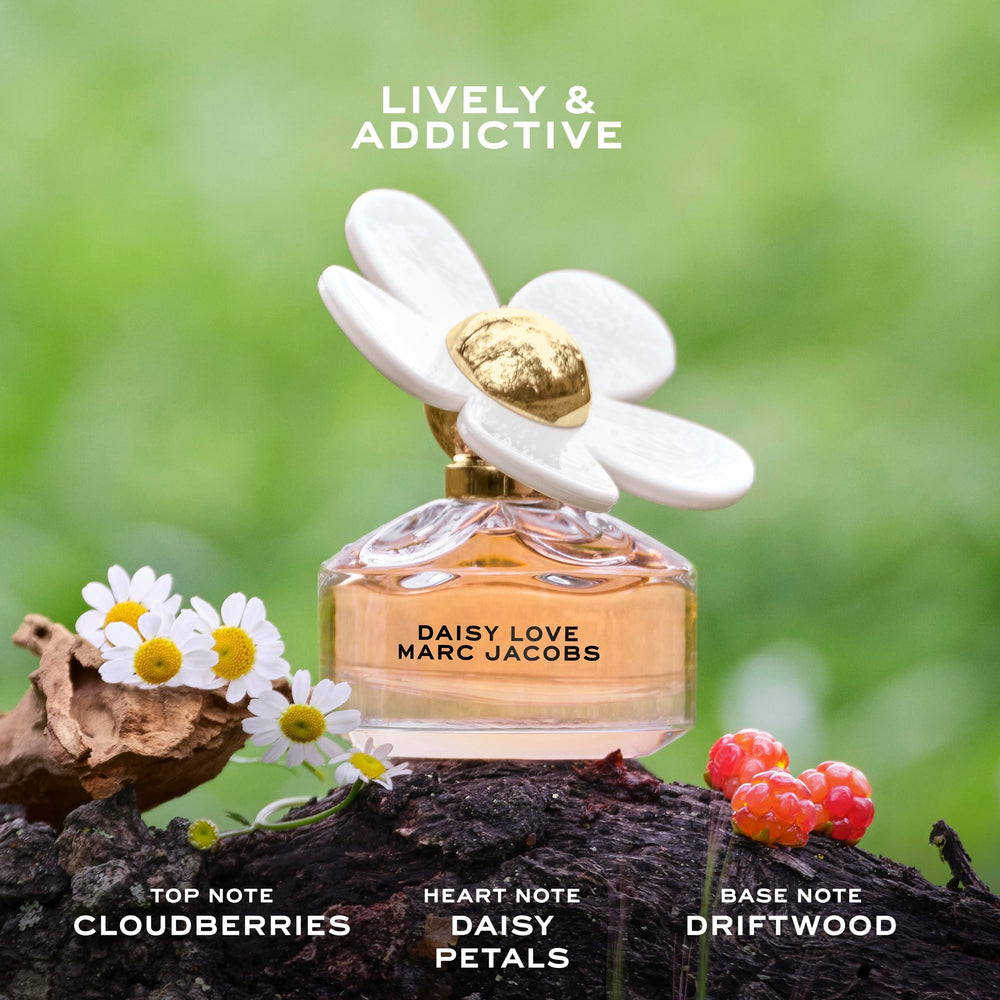 Marc Jacobs Daisy Wild bottle with wildflowers evoking fresh outdoorsy floral energy