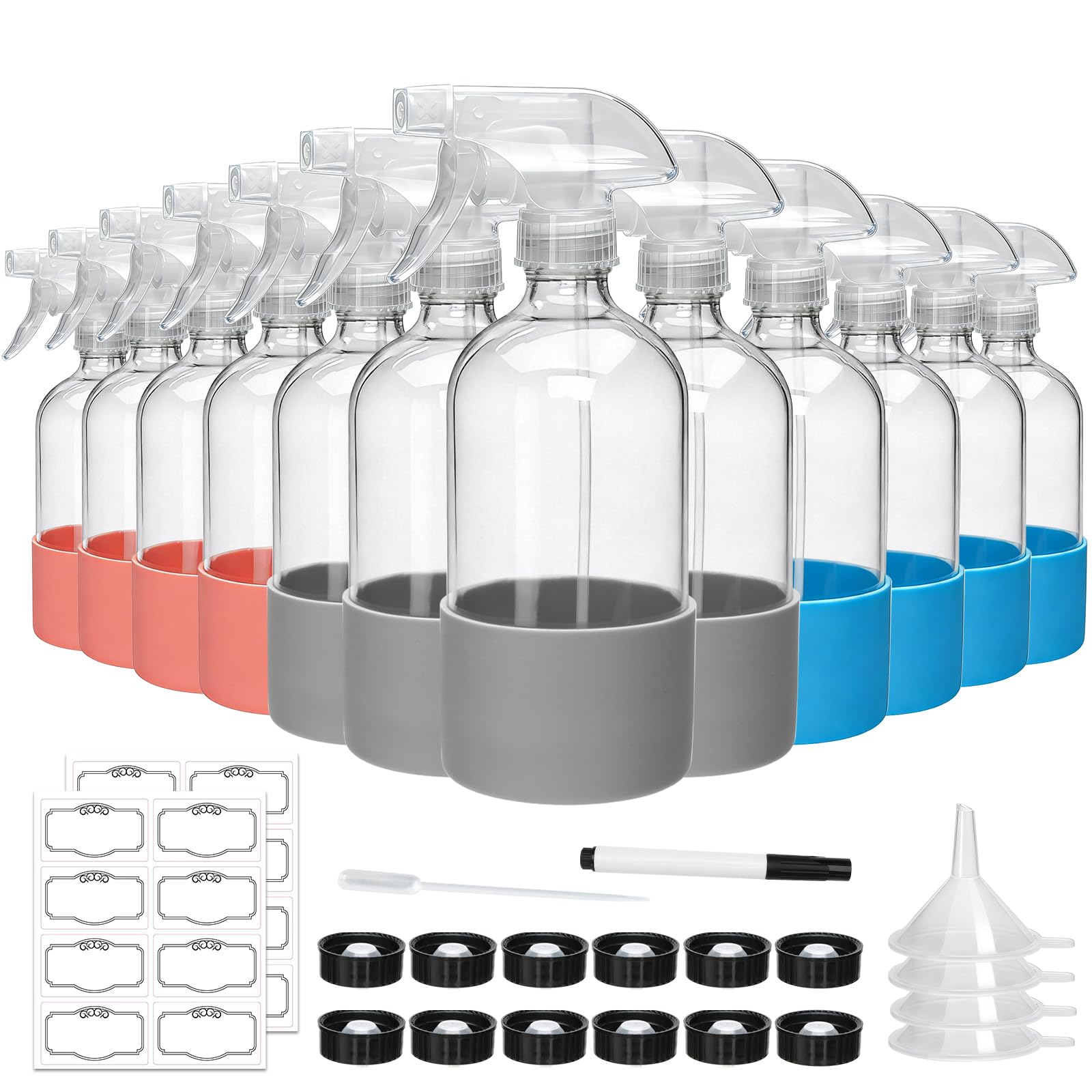 Maredash front packaging showing 12 clear glass bottles and accessories, durable kit