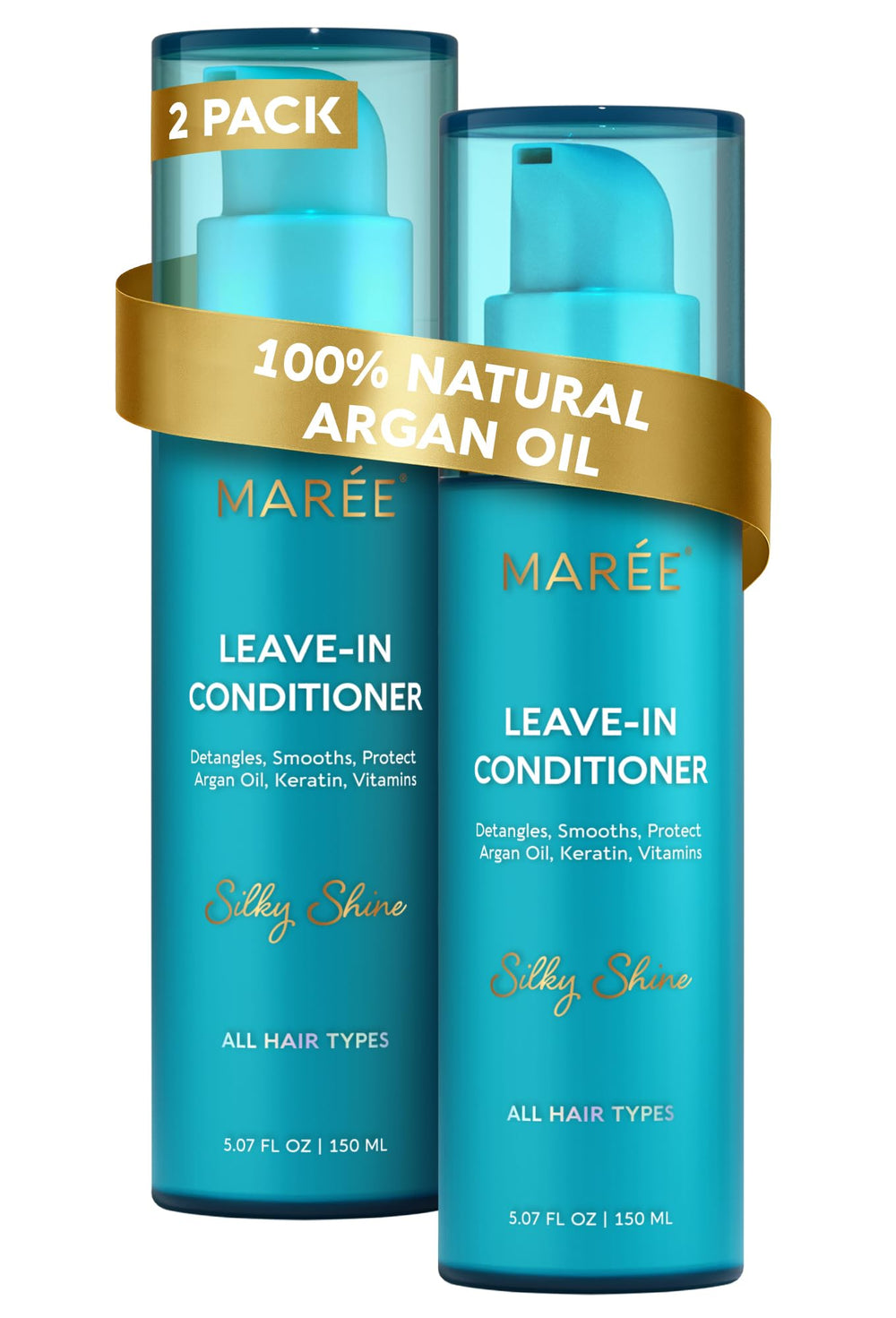 MAREE front packaging showing two leave-in conditioner bottles and benefits