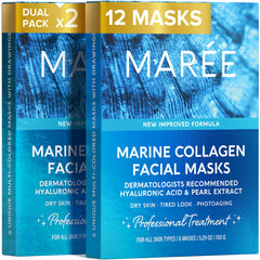MAREE front packaging showing 12-count sheet masks and clear benefits