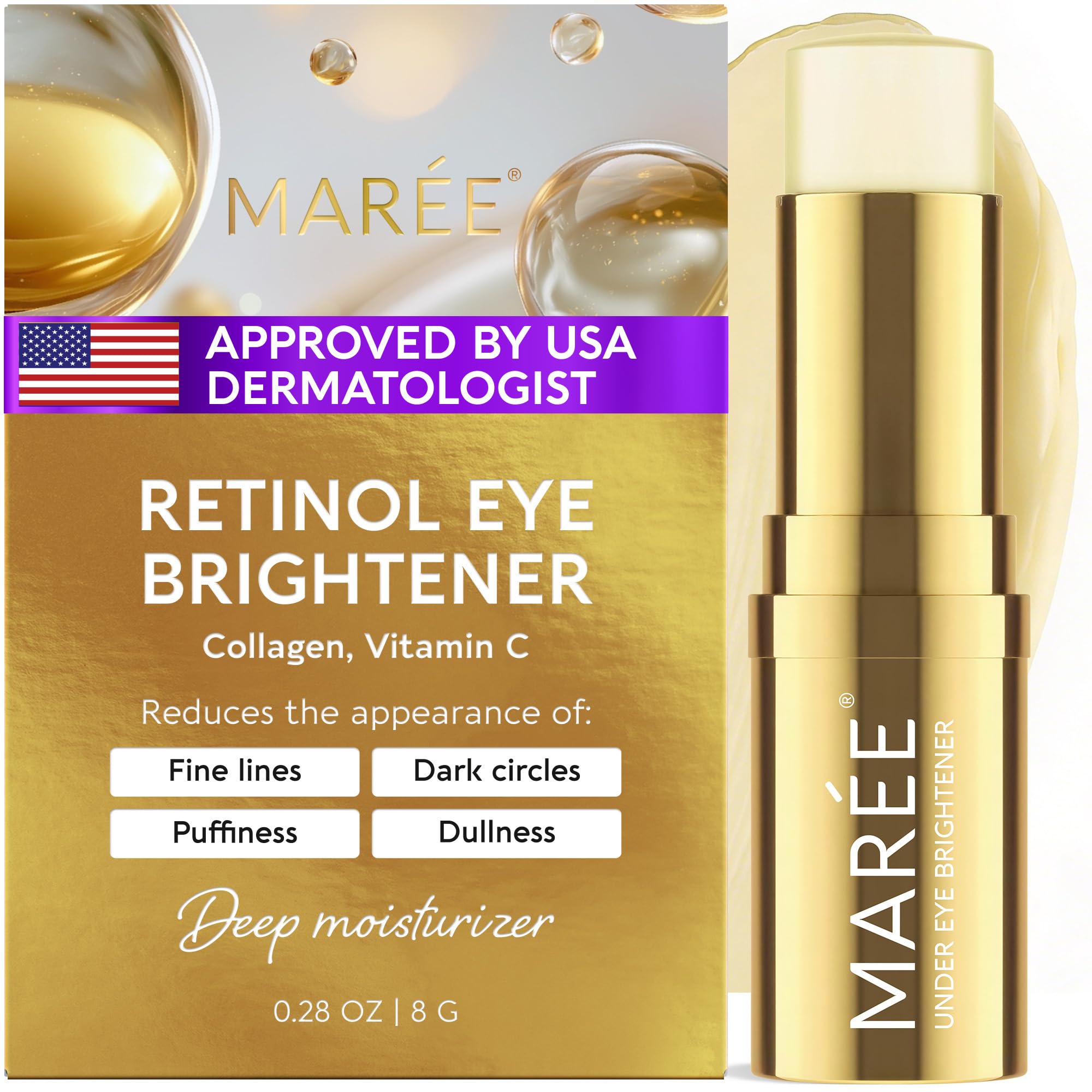 MAREE front packaging showing compact under-eye balm stick for travel convenience