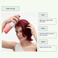 Maria Nila finishing spray in use styling shows hairstylist setting hair with color protection