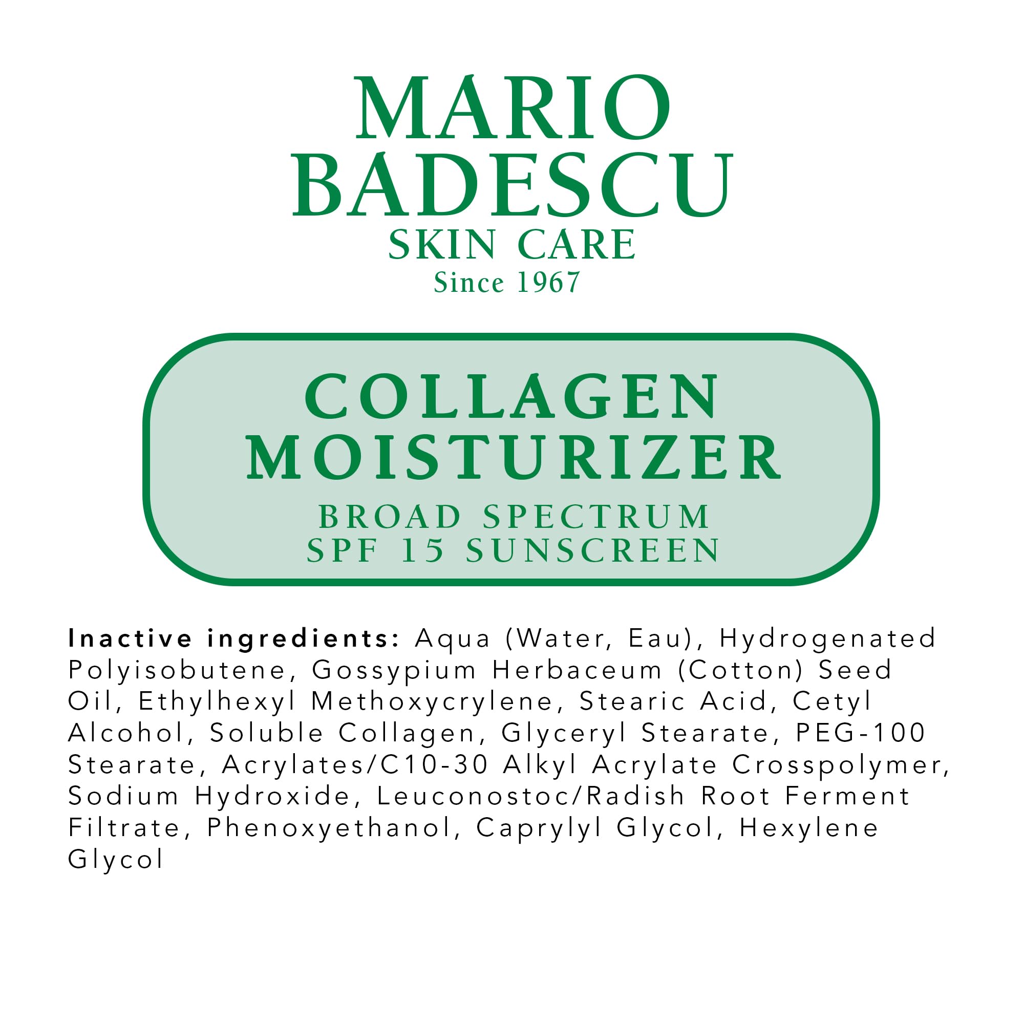 Mario Badescu ingredient list closeup emphasizing collagen and cottonseed oil benefits